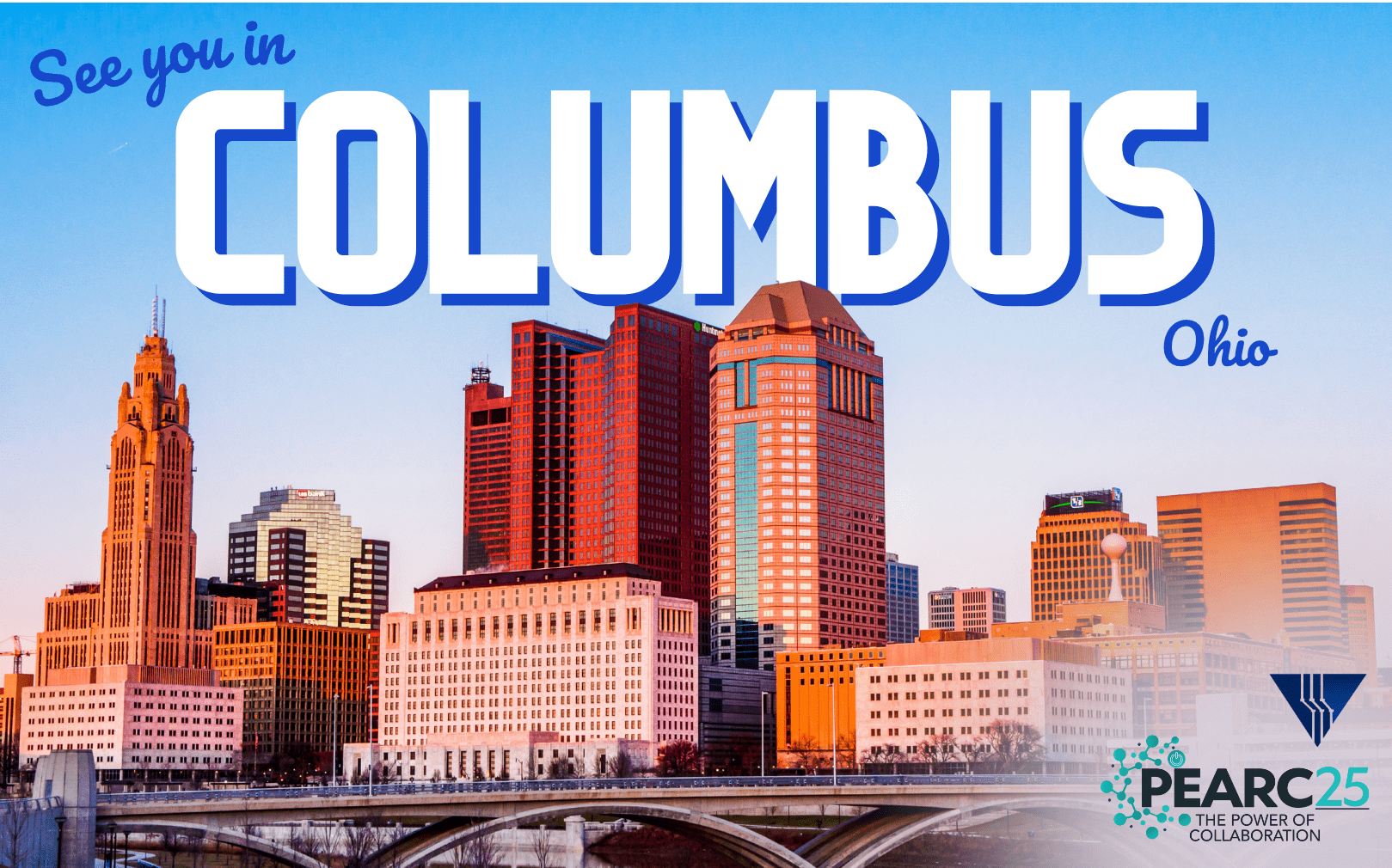 Pearc Columbus Graphic Graphic in the style of a postcard, reading: "See you in Columbus, Ohio; PEARC25"