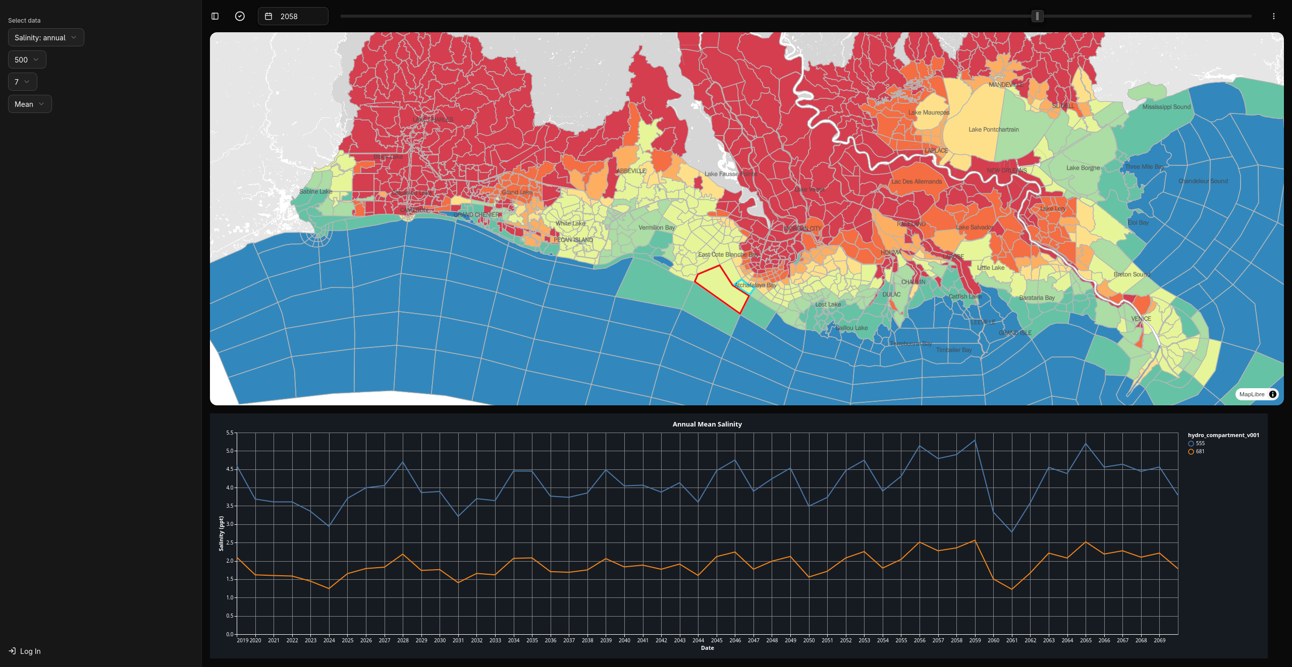 CPRA-Master-Plan-Data-Portal A screenshot of a data portal showing a salinity levels on a map and a line graph.