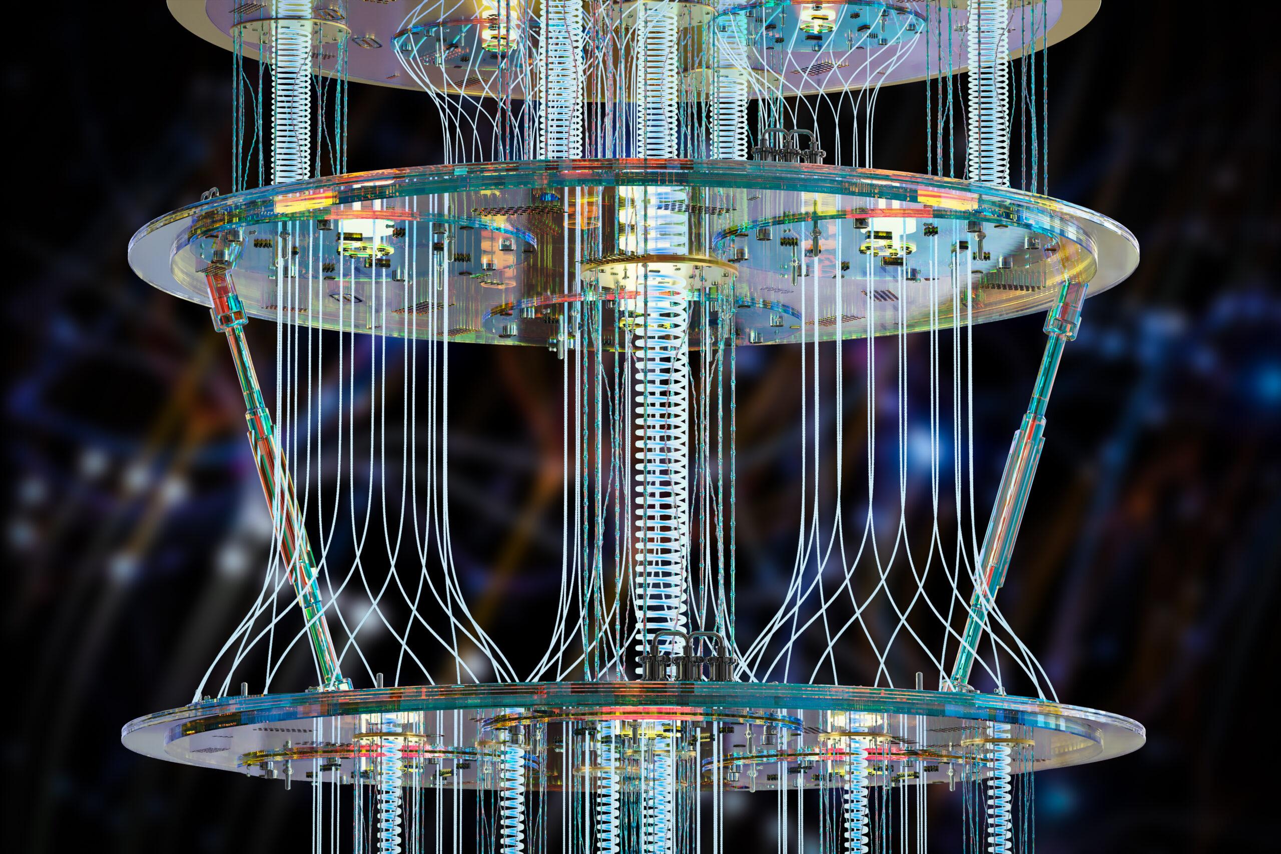 3D rendering of the shining and delicate components of a quantum computer. 