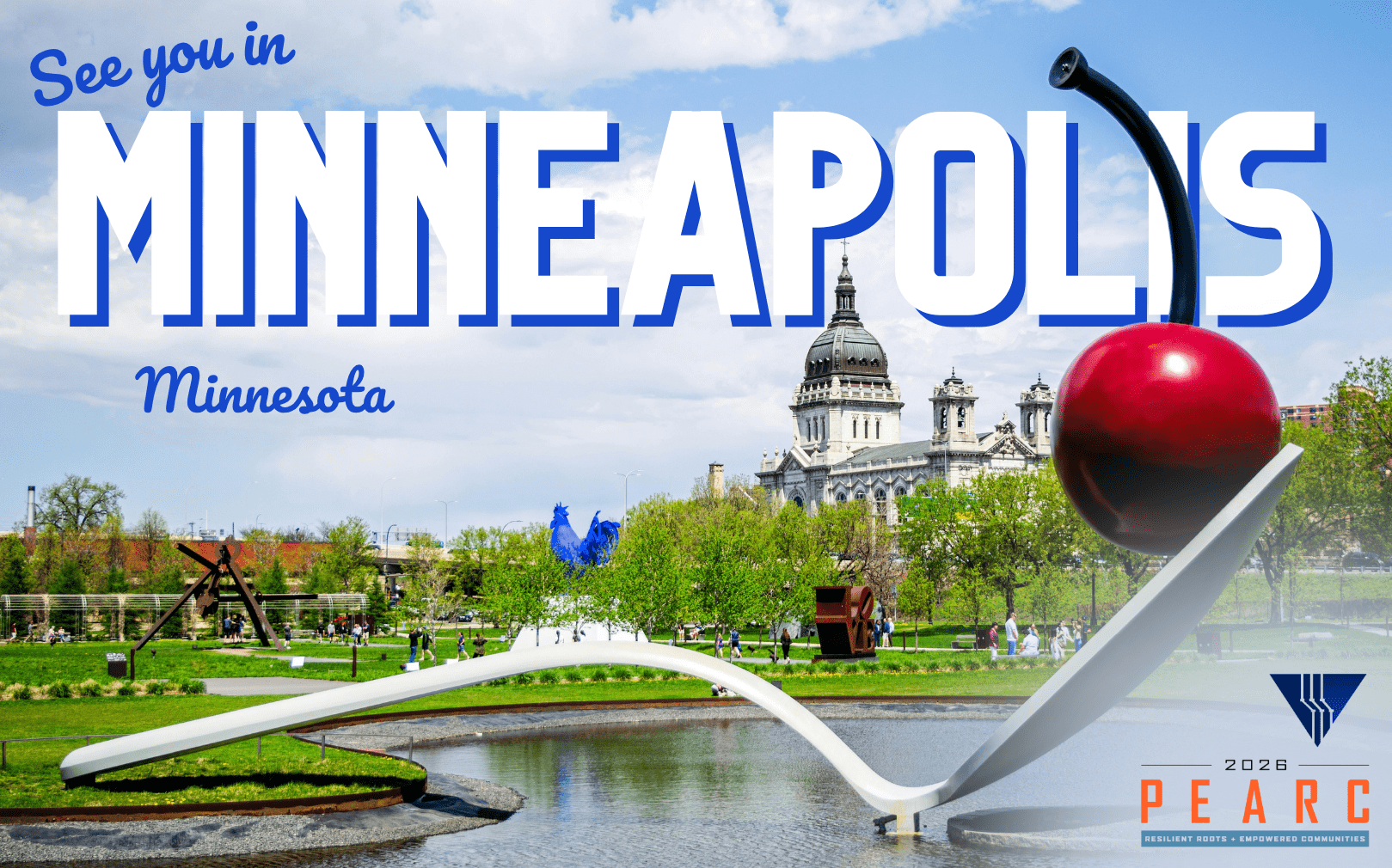Postcard style graphic - "see you in Minneapolis, Minnesota"