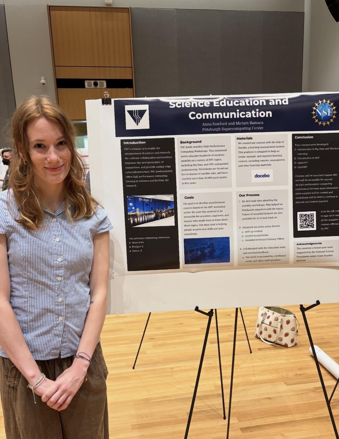 A young person stands with a poster titled Science Education and Communication.