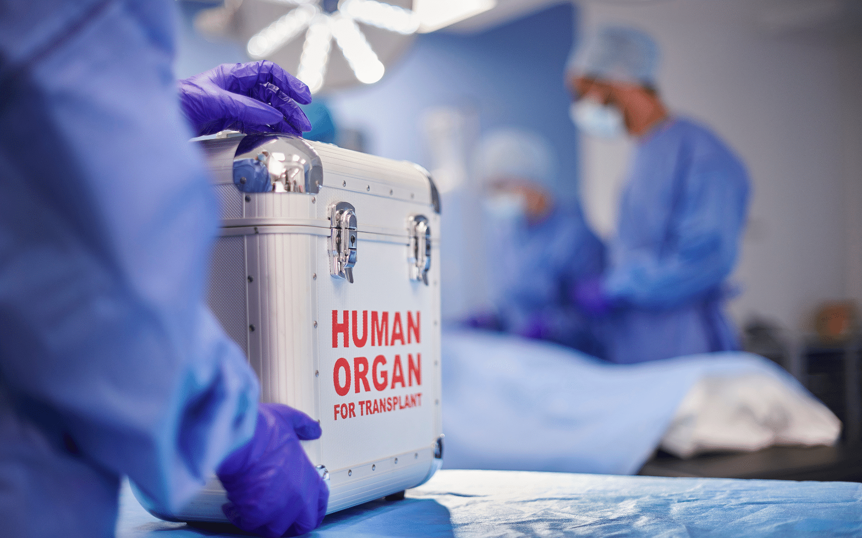 A person in surgery scrubs holds a box labeled "human organ for transplant"